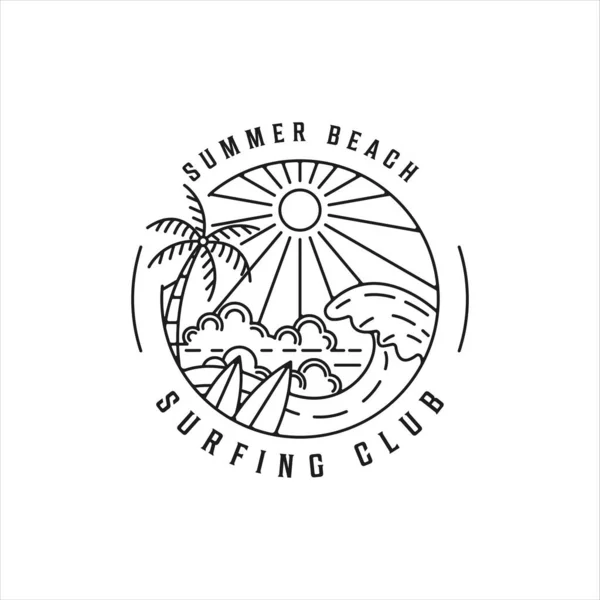 Tropik ada çizgisi sanat logosu minimalist basit vektör illüstrasyon şablon tasarımı. Palmiye sörfü tahtası ve yaz plajı lineer konsepti daire rozet tipografisi