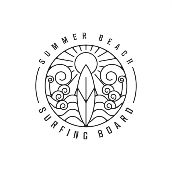 Tropik ada çizgisi sanat logosu minimalist basit vektör illüstrasyon şablon tasarımı. Sörf tahtası ve yaz plajı dalga çizgisel kavramı daire rozet tipografisi ile