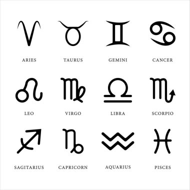 Zodiac burç logo çizgisi sanat minimalist vektör illüstrasyon ikon tasarımı. Çeşitli zodyak işaretlerinden oluşan bohça koleksiyonu mistisizm yıldız işaretleri ve astroloji