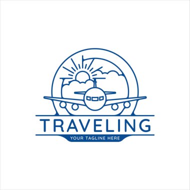 Uçak yolculuğu logosu çizgisi sanat vektörü çizim şablonu ikon grafik tasarımı. Şirket taşımacılığı için rozet retro biçimli uçak sembolü