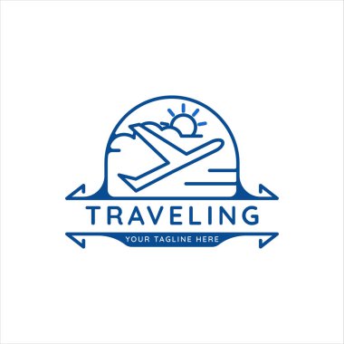 Uçak yolculuğu logosu çizgisi sanat vektörü çizim şablonu ikon grafik tasarımı. Şirket taşımacılığı için rozet retro biçimli uçak sembolü