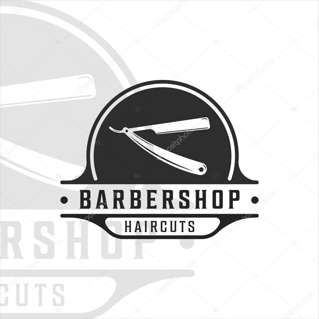 Barber shop logo vintage vector illustration template icon graphic design. salon haircut razor minimalist symbol retro badge typography