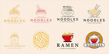Erişte seti veya ramen logo çizgisi sanatı ve klasik vektör illüstrasyon ikon grafik tasarımı. Restoran ve kafe gıda konsepti için çeşitli tabela veya sembollerin demet koleksiyonu
