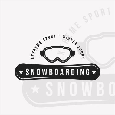 Snowboard ve kayak gözlükleri logo vintage vektör illüstrasyon ikon grafik tasarımı. kış sporu sembolü ya da iş ya da şirket tabelası tipografi tarzında seyahat