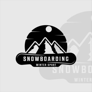 Snowboard ve dağ logosu klasik vektör çizim şablonu ikon grafik tasarımı. iş seyahati ve kış sporları mağazası için manzara işareti veya sembol