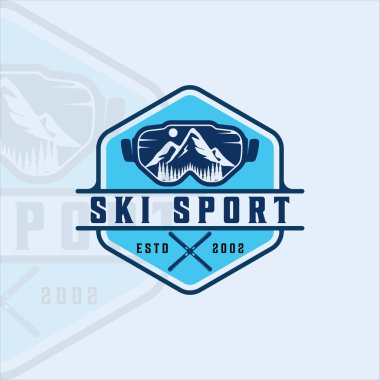 Kayak gözlükleri logo vektör illüstrasyon ikon grafik tasarımı. İş için yaratıcı manzara kış sporu ya da rozetli seyahat