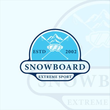 Snowboard ve dağ logosu vektör çizim şablonu ikon grafik tasarımı. Kış sporu sembolü ya da rozetli tabela