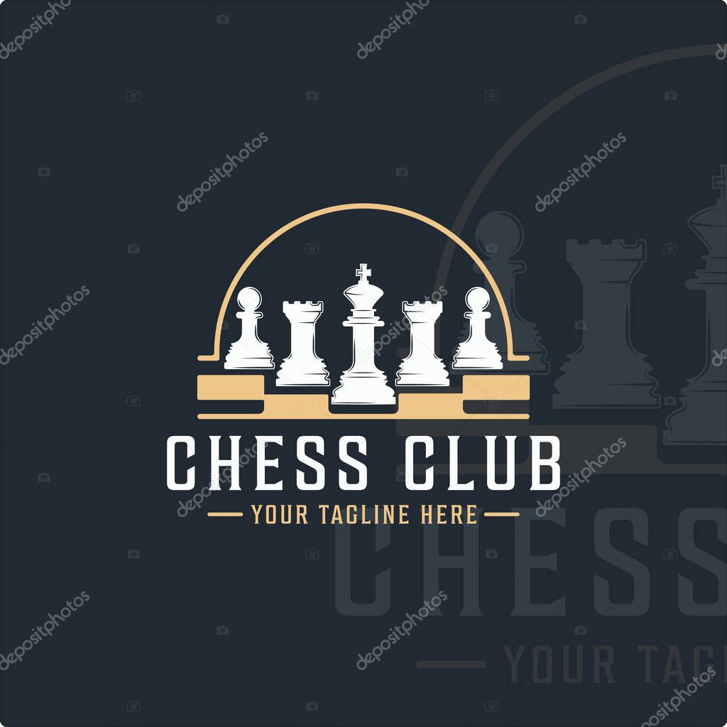 Chess club logo vintage vector illustration template icon graphic design. chessmen emblem and label concept on black background