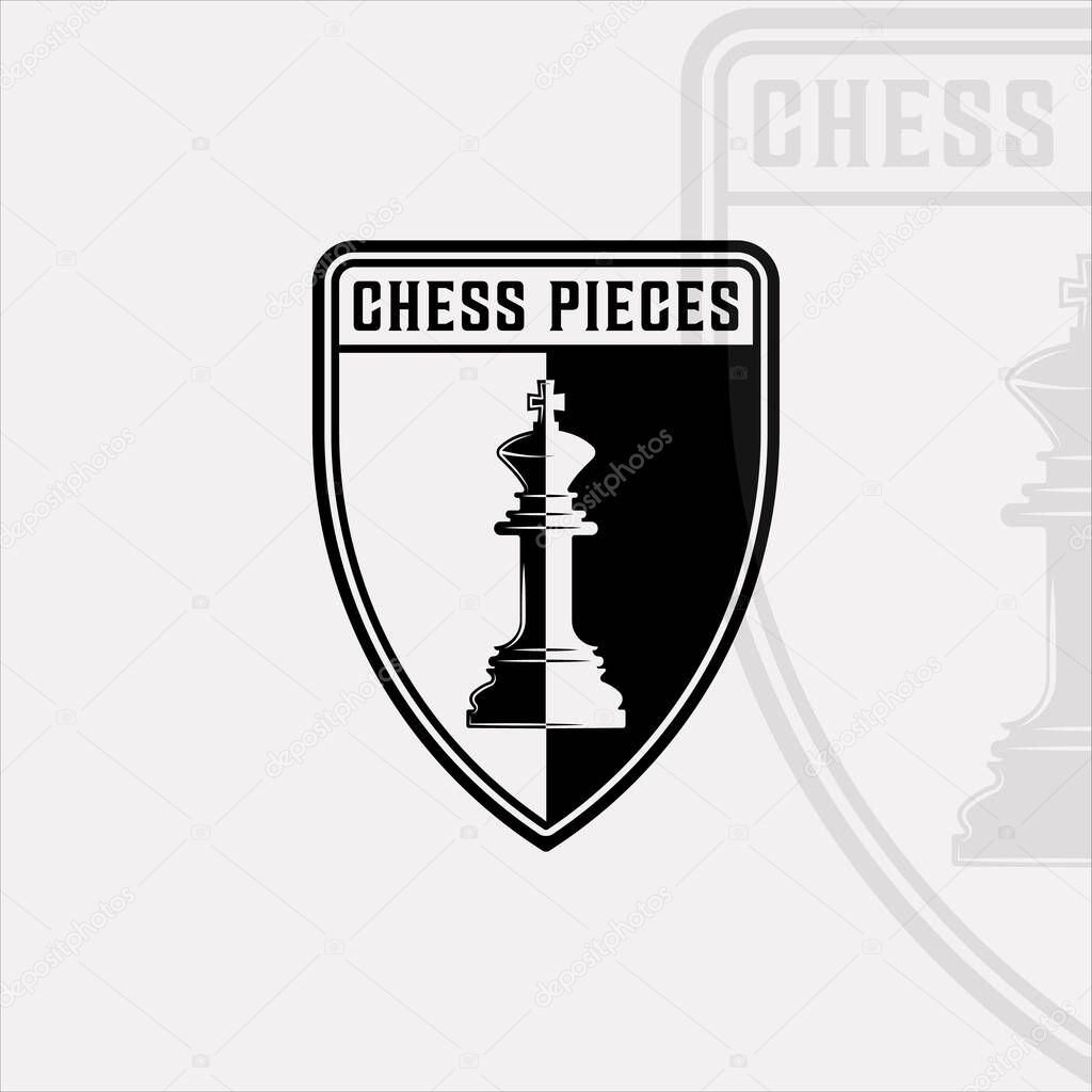 Chess and king piece logo vintage vector illustration template icon graphic design.retro sign or symbol for chess tournament or club with shield badge black and white concept