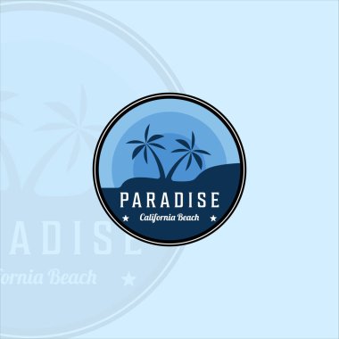 Plaj veya cennet amblemi logosu modern vintage vektör illüstrasyon ikon grafik tasarımı. Açık havada palmiye ya da hindistan cevizi ağacı seyahat macerası işareti ya da sembolü