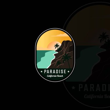 Plaj veya cennet amblemi logosu modern vintage vektör illüstrasyon ikon grafik tasarımı. Açık havada pam ya da hindistan cevizi ağacı seyahat macerası işareti ya da sembolü