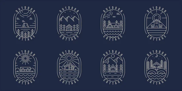 Kabin veya kulübe logosu çizgisi basit minimalist vektör illüstrasyon şablonu grafik tasarımı. Rozetli ve tipografili doğa kavramı için açık hava macera amblemi.