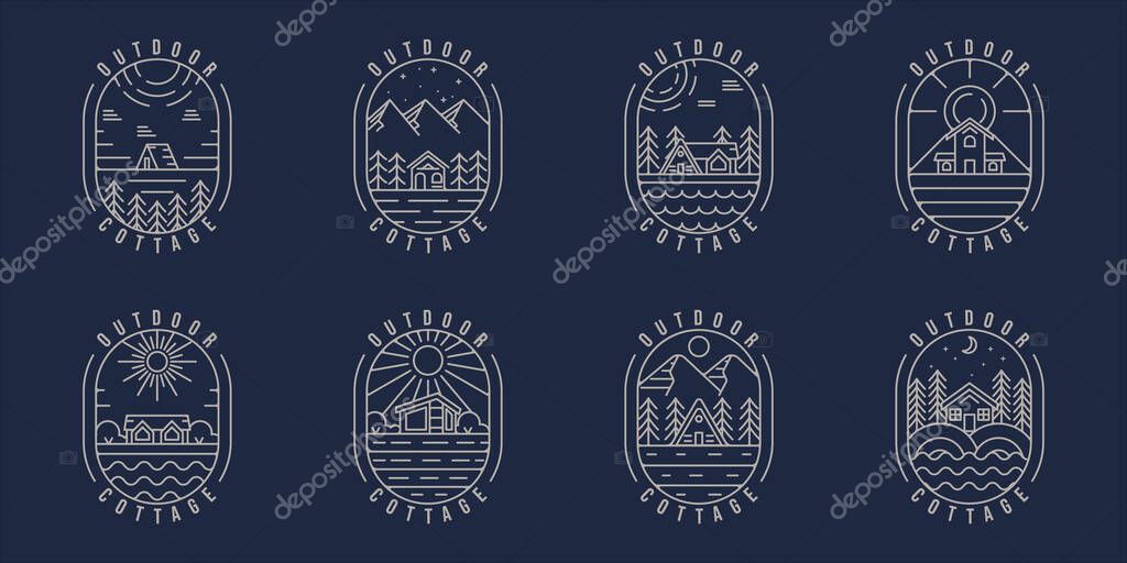 Set of cabin or cottage logo line art simple minimalist vector illustration template icon graphic design.bundle collection outdoor adventure emblem for nature concept with badge and typography