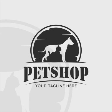 Siluet köpek ve kedi vintage logo vektör illüstrasyon ikon grafik tasarımı. Evcil hayvan dükkanı tabelası ya da iş konsepti için retro rozet tarzı bir sembol