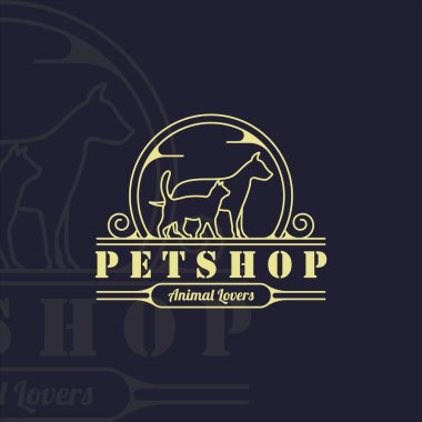 Köpek ve kedi çizgisi sanatı basit logo vektör çizim şablonu ikon grafik tasarımı. Evcil hayvan dükkanı tabelası veya retro rozetli iş konsepti sembolü