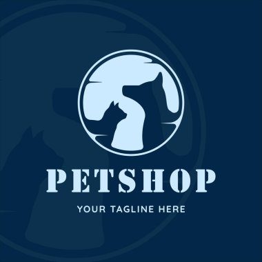 Siluet köpek ve kedi vintage logo vektör illüstrasyon ikon grafik tasarımı. Evcil hayvan dükkanı tabelası ya da iş konsepti için retro rozet tarzı bir sembol