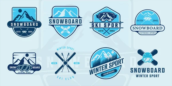 Snowboard veya kayak logosu modern vintage vektör illüstrasyon ikon grafik tasarımı seti. Çeşitli modern renk ekstrem spor tabelalarının ya da kış iş konseptinin sembollerinin demet koleksiyonu