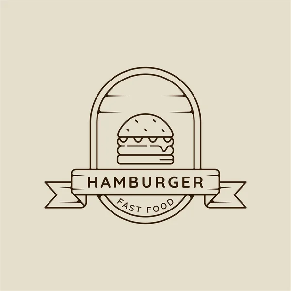 汉堡包或汉堡包标识线艺术简约简约矢量图解模板图标设计 带有徽章和排字的快餐食品标志或菜单或餐馆概念符号 — 图库矢量图片