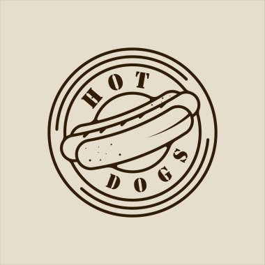 hotdog ya da hotdog logo vektör çizgisi basit minimalist çizim şablonu grafik tasarımı. Çember rozet amblemi ve tipografisi olan fast food işareti veya restoran konsepti