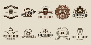 Kafe logosu çizgisi sanat vektörü vintage illüstrasyon ikon grafik tasarımı seti. Çeşitli içecek ya da içecek işaretlerinden oluşan paket koleksiyonu ya da kafe ya da rozetli işletme restoranı sembolü