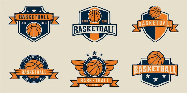 Basketbol logosu klasik illüstrasyon şablonu ikon grafik tasarımı seti. Çeşitli basket topu spor tabelalarının koleksiyonu ya da rozetli takım ya da kulüp ligi yarışması sembolü