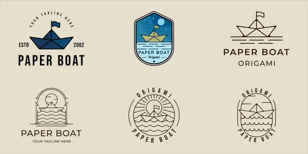 Kağıttan tekne logosu çizgisi, klasik vektör illüstrasyon, ikon grafik tasarımı. Çeşitli origami ya da gemi işaretleri ya da rozet amblemi ve minimalist tipografi içeren sembol koleksiyonu