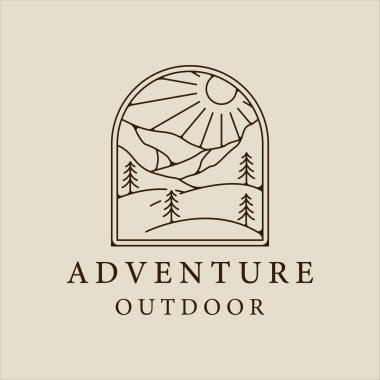 dağ ve çam logo hattı sanat basit minimalist vektör illüstrasyon ikon grafik tasarımı. macera ve açık hava rozetli seyahat şirketleri için imza ya da sembol