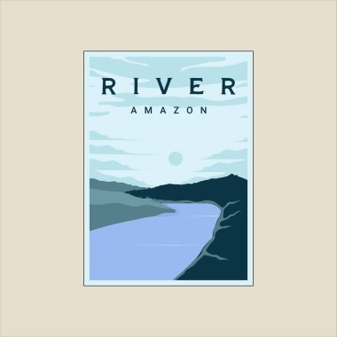 Amazon Nehri poster klasik minimalist vektör çizim şablonu grafik tasarımı. Çevre konsepti veya iş seyahati için mavi gökyüzü afişi olan vahşi yaşam ormanı