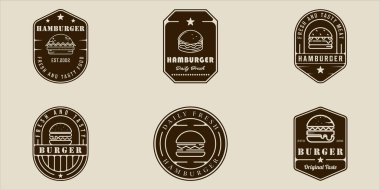 Amblem burger ya da hamburger logosu klasik vektör illüstrasyon ikon grafik tasarımı seti. Çeşitli fast food tabelaları veya iş yeri veya kafeler için sembol koleksiyonu