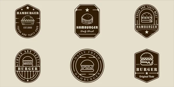 Amblem burger ya da hamburger logosu klasik vektör illüstrasyon ikon grafik tasarımı seti. Çeşitli fast food tabelaları veya iş yeri veya kafeler için sembol koleksiyonu