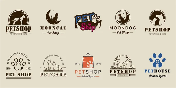 Pet shop logo hattı klasik vektör çizim şablonu ikon grafik tasarımı seti. Çeşitli kedi ve köpek tabelalarının koleksiyonu ya da iş dünyası ya da hayvan severlerin sembolü