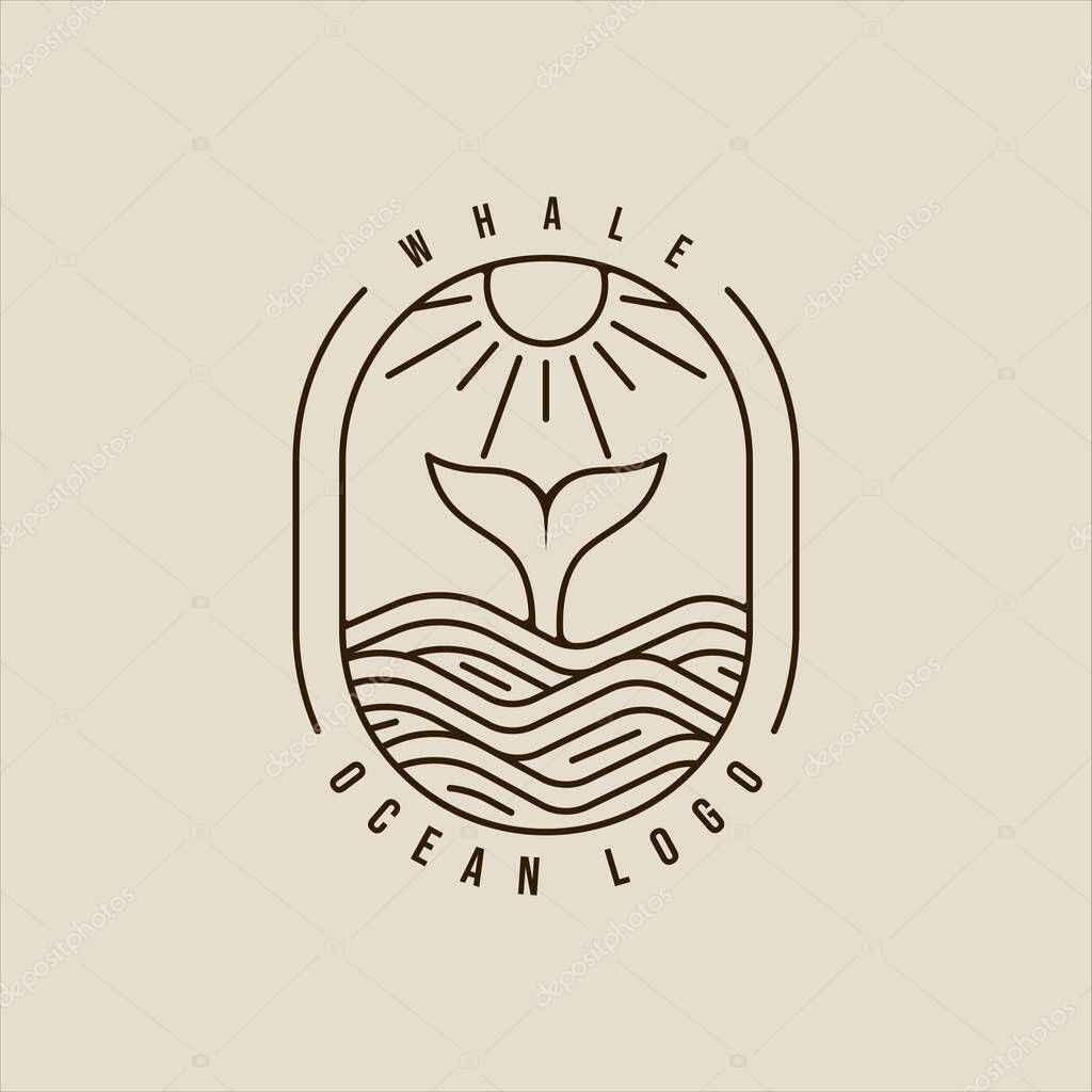 Whale tail at ocean line art logo vector simple minimalist illustration template icon graphic design. sea landscape sign or symbol for travel company with badge and typography
