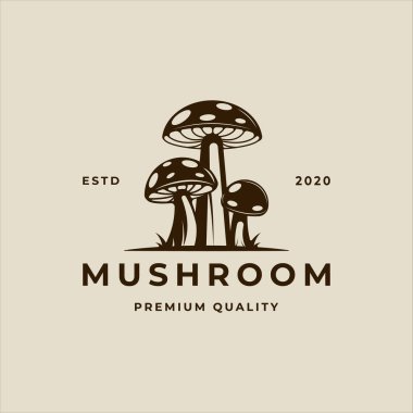 Mantar logosu vektör vintage illüstrasyon şablonu ikon grafik tasarımı. organik gıda işareti veya tarım ürünü için retro biçimli bir sembol