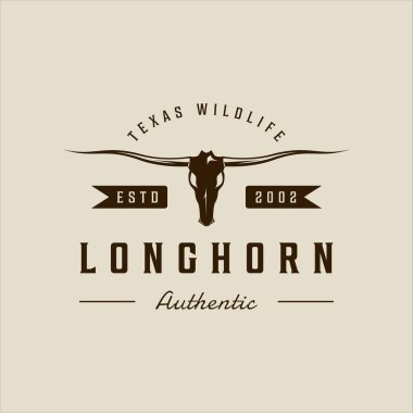 Longhorn Texas logo vektör vintage illüstrasyon şablon ikon grafik tasarımı. İnek ya da bizon kafatası işareti ya da hayvan yaban hayatı sembolü ya da geçmişe dönük tipografi tarzında çiftlik işi