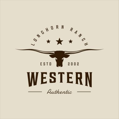 Longhorn Texas logo vektör vintage illüstrasyon şablon ikon grafik tasarımı. İnek, bufalo işareti ya da hayvan yaban hayatının sembolü ya da geçmişe dönük tipografi tarzında çiftlik işi.