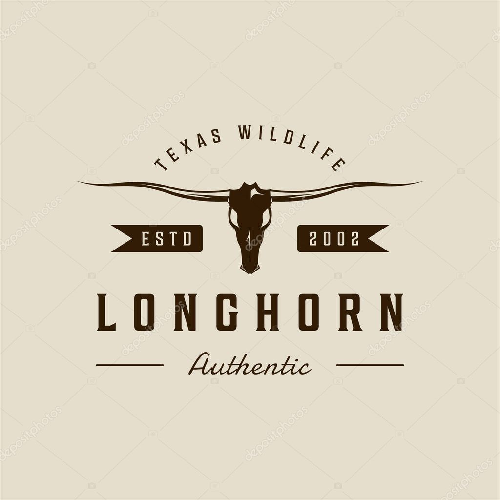 Longhorn texas logo vector vintage illustration template icon graphic design. skull head of cow or buffalo sign or symbol for animal wildlife or ranch business with retro typography style