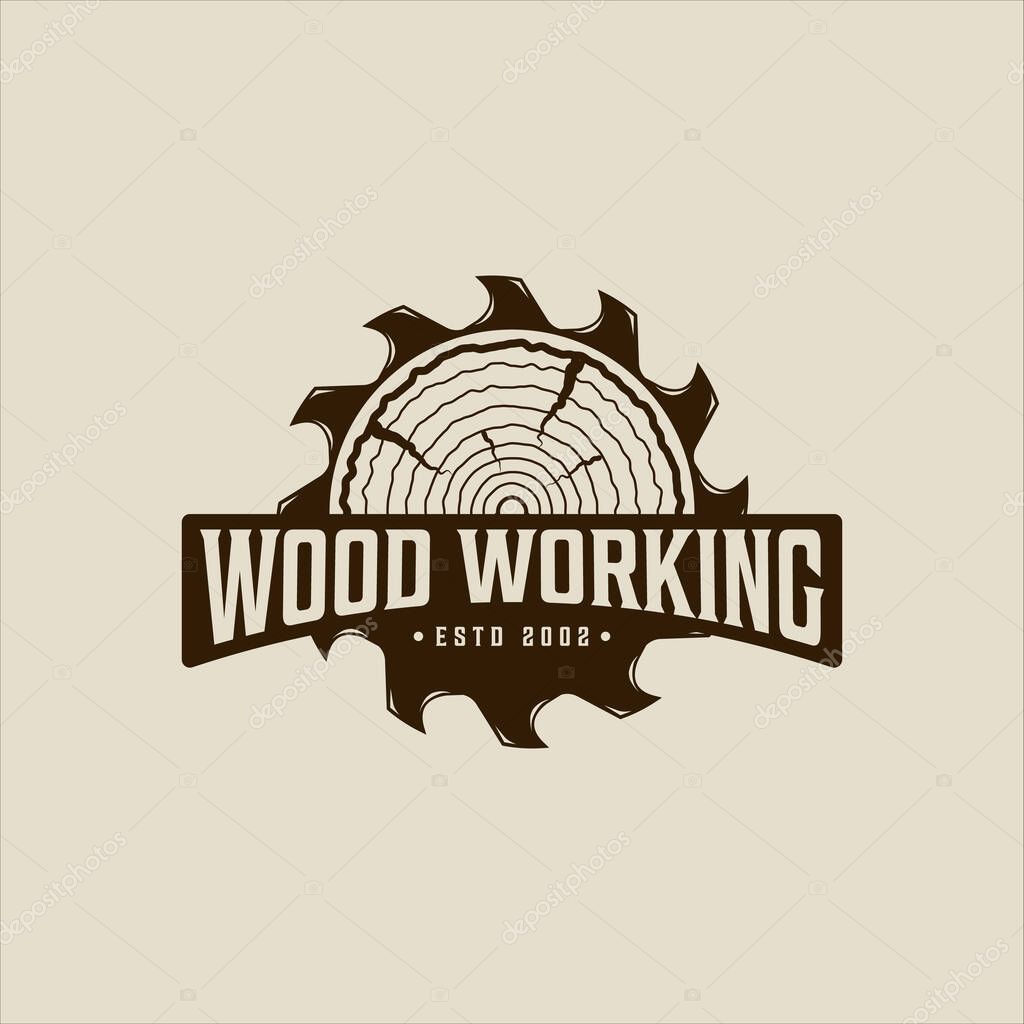 Sawmill and wooden logo vector vintage illustration template icon graphic design. carpentry tool and carpenter sign or symbol for professional woodworking with typography retro style
