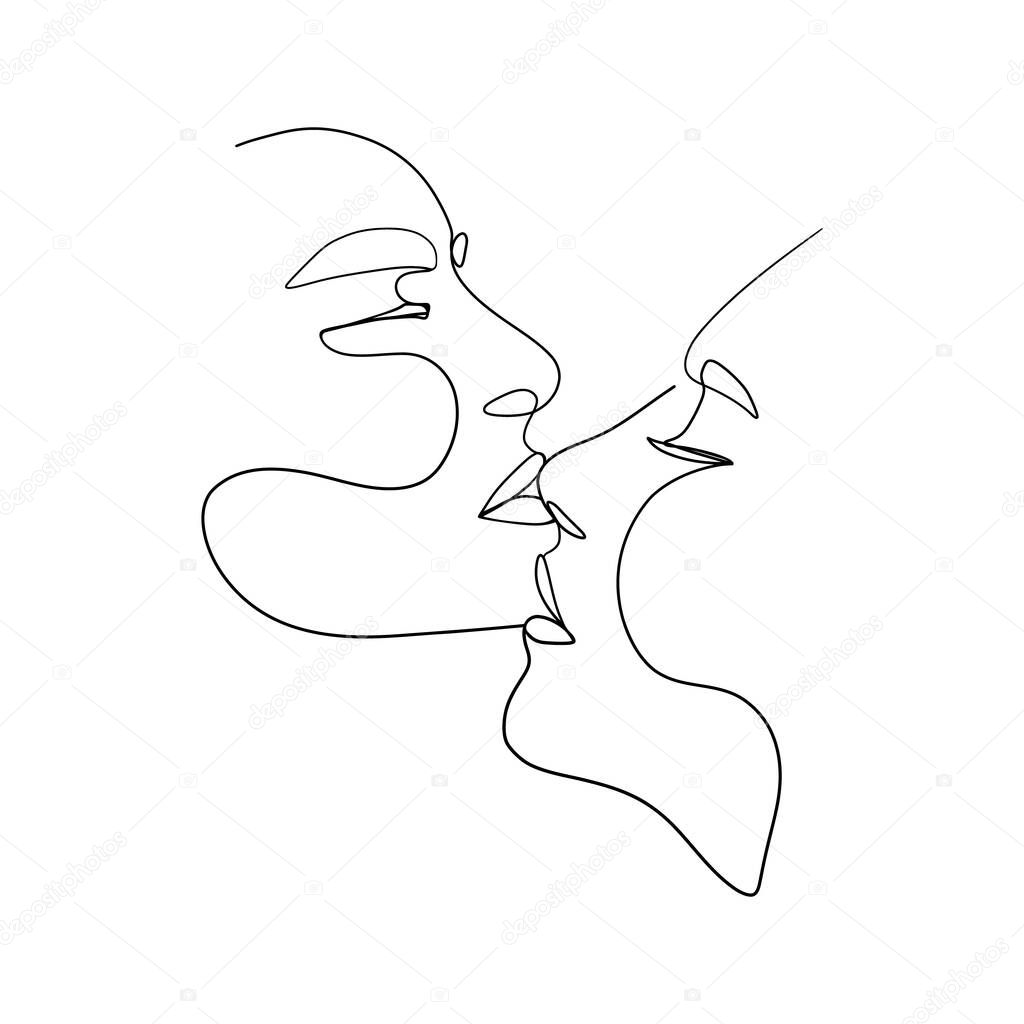 Minimalist love couple one line art. Abstract man woman passionate kiss continuous line drawing. Vector illustration.