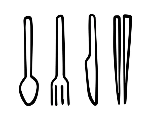 Icônes d'ustensiles de cuisine Doodle. Couteau dessiné à la main, fourchette, outils de cuisson à cuillère, symboles de couverts. Illustration vectorielle — Image vectorielle