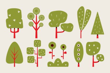 Soyut yeşil ağaçlar. El çizimi karikatür seti, karalama dalları. Moda vektör illüstrasyonu.