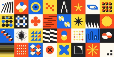 Geometrik barbar posteri. Basit geometrik elementler, İsviçre usulü cesur şekiller. Asgari ilkel coğrafi figürler