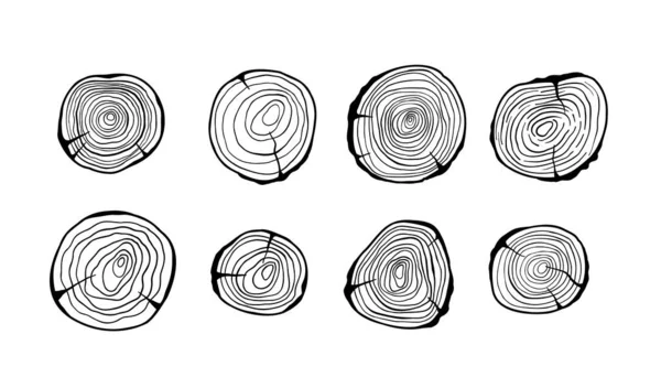 Anillos de madera. Conjunto de tronco de árbol cortado, tronco de tronco icono de madera dibujado a mano rebanada de pino, textura de madera. Ilustración vectorial — Vector de stock