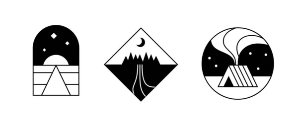 Logo paesaggistico minimalista. Linea etichette nere con foresta, deserto, e paesaggio capannone. emblemi di silhouette vettoriale — Vettoriale Stock