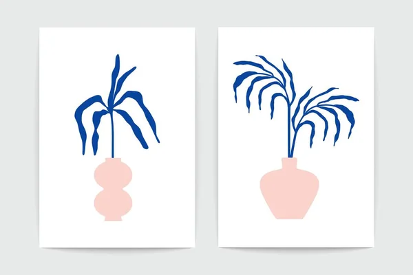 Streszczenie Matisse inspirowało plakaty. Współczesna sztuka kwiatowa z połowy wieku drukuje niebieskie gałęzie w wazonach. Ilustracja wektora — Wektor stockowy