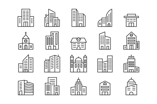 Иконки линий зданий. Простой дом, офис, жилой квартал сити-менеджера, съедобные поглаживания, урбанистическая концепция. Векторное множество