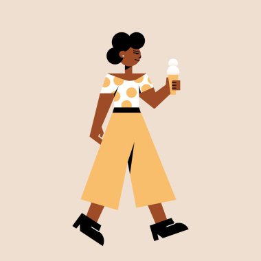 Dondurmalı kadın karakter. Soyut geometrik kadın yaz tatlısını düz çizgi film tarzında yiyor. Vektör illüstrasyonu