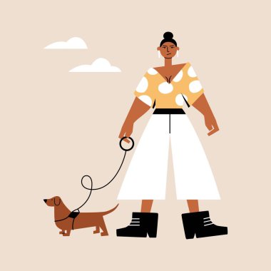 Köpekli bir kadın karakter. Soyut geometrik kadın köpek yavrusu gibi düz çizgi film tarzıyla yürüyor. Vektör illüstrasyonu