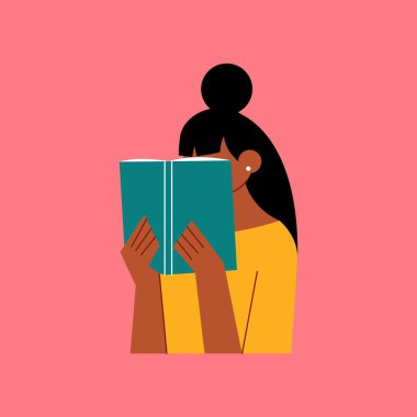 Woman reads book. Abstract hand drawn cartoon female character flat style, girl with open book. Vector illustration.