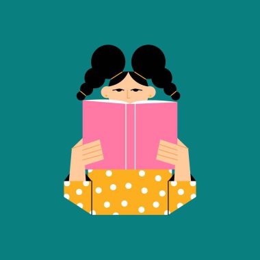 Woman reads book. Abstract hand drawn female character flat cartoon style, girl with open book. Vector illustration.