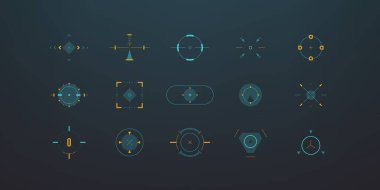 HUD aim control frames. Sniper round square targets UI, futuristic focus point sight, game technology design. Vector set.